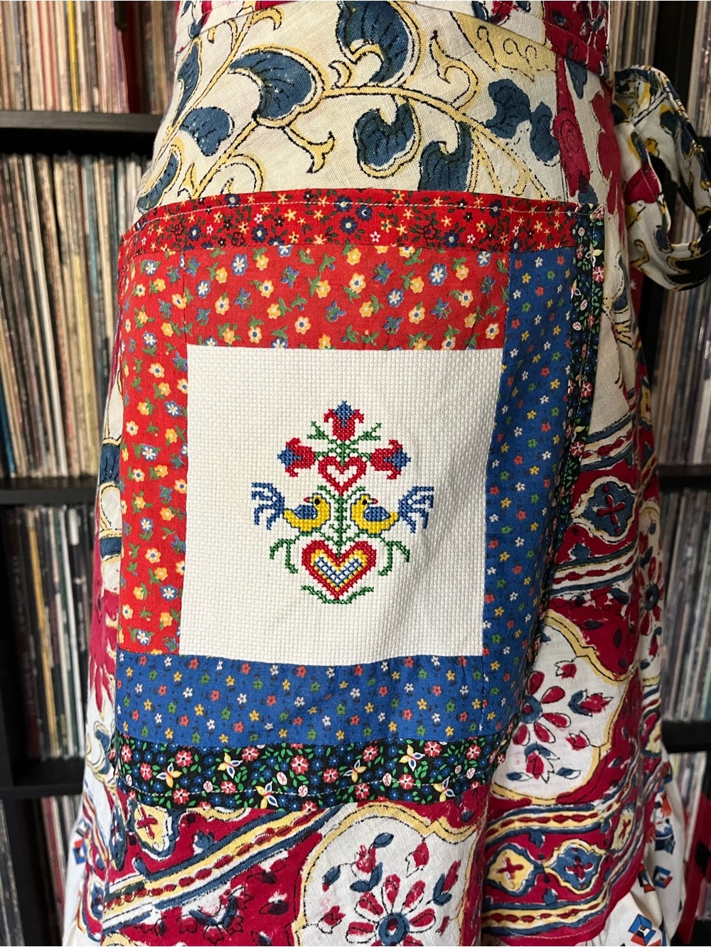 Vintage ruffle hem wrap skirt cross stitch tatreez folk art batik French pocket